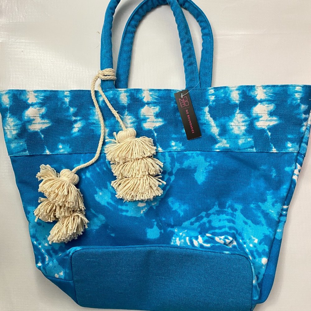 No Boundaries Tote Beach Bag With Tassels Tie Dyed Blue New 21"x14"x5"
